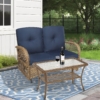 MEETWARM Outdoor Wicker Patio Glider Set, Loveseat For 2 Person Porch Furniture Glider With Glass-Top Coffee Table, Patio Glider Rocking Bench With Thickened Cushions - Thumbnail Image 2