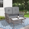 MEETWARM Outdoor Wicker Patio Glider Set, Loveseat For 2 Person Porch Furniture Glider With Glass-Top Coffee Table, Patio Glider Rocking Bench With Thickened Cushions - Thumbnail Image 3