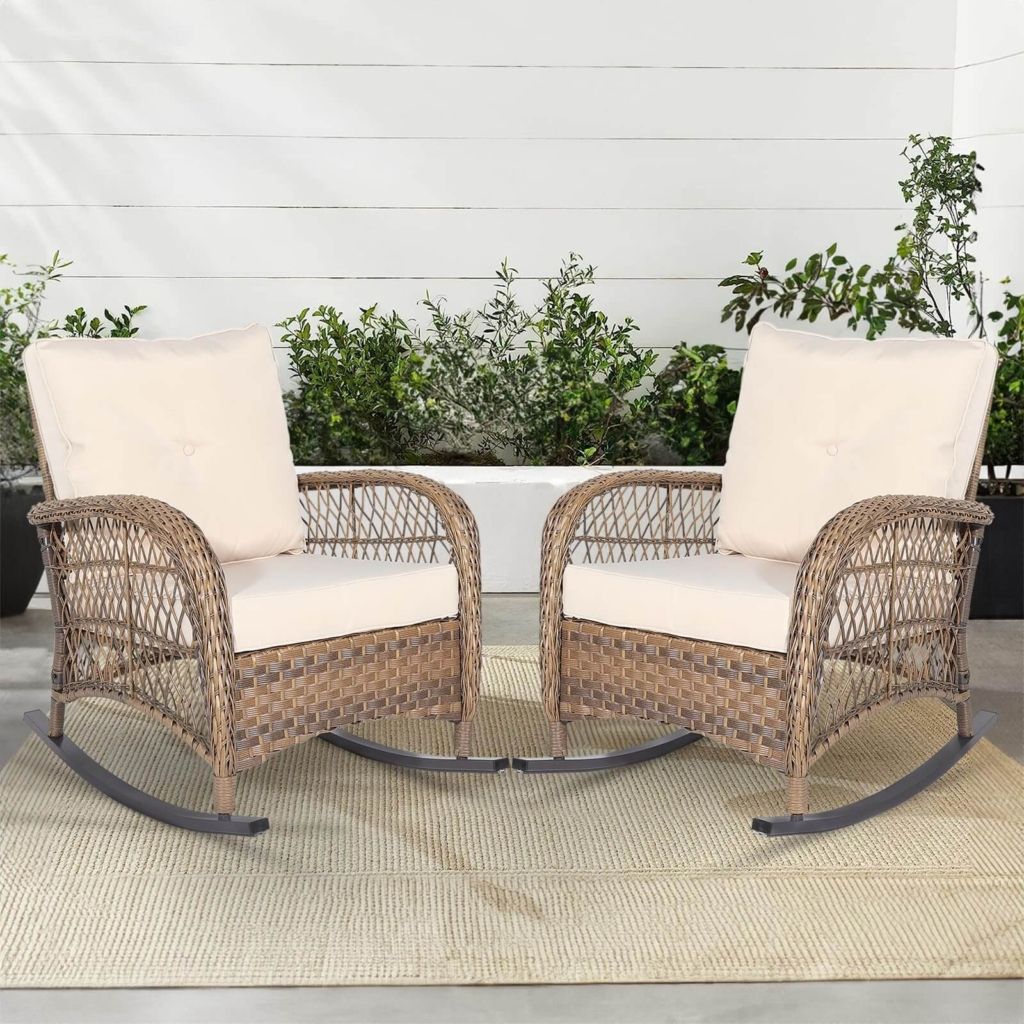 MEETWARM Outdoor Wicker Patio Rocking Chair Cushioned Rattan Rocker ...