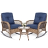MEETWARM 3 Pieces Outdoor Wicker Rocking Chair Set, Patio Conversation Bistro Set, Rattan Rocker Chairs Set With Glass-Top Coffee Table And Cushions For Porch & Backyard - Thumbnail Image 3