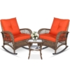 MEETWARM 3 Pieces Outdoor Wicker Rocking Chair Set, Patio Conversation Bistro Set, Rattan Rocker Chairs Set With Glass-Top Coffee Table And Cushions For Porch & Backyard - Thumbnail Image 4