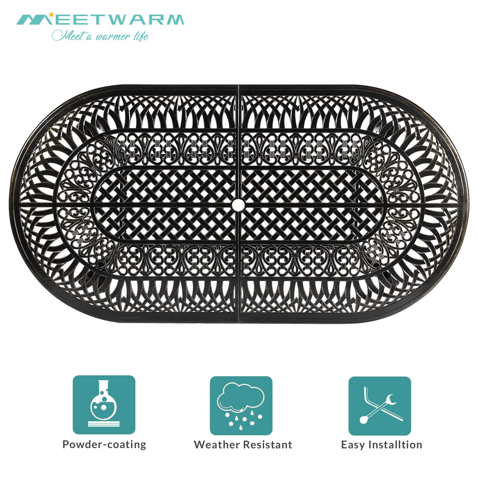 The durable cast-aluminum outdoor bench is adorned with exquisite floral patterns.