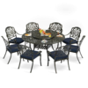 MEETWARM 9-Piece Outdoor Furniture Dining Set, All Weather Cast Aluminum Patio Garden Set- 8 Chairs, 61" Round Patio Dining Table With Detachable Lazy Susan, 2" Umbrella Hole - Thumbnail Image 2