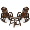 MEETWARM Outdoor Wood Wagon Rocking Chair Set, Adirondack Rocker Chair W/Slatted Design And Oversized Back, Carbonized Patio Lounge Chairs Rustic Rocker With Wheel Armrest For Garden - Thumbnail Image 2