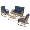 MEETWARM 4 Pieces Outdoor Wicker Patio Conversation Sets With Glider Loveseat, 2 Chairs With Glass-Top Coffee Table Wicker Rocking Chair Set, Wicker Conversation Set With Thickened Cushions - Thumbnail Image 2