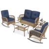 MEETWARM 5 Pieces Outdoor Wicker Patio Conversation Sets With Glider Loveseat, 2 Chairs With 2 Glass-Top Coffee Table Wicker Rocking Glider Set, Wicker Conversation Set With Thickened Cushions - Thumbnail Image 2