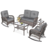MEETWARM 5 Pieces Outdoor Wicker Patio Conversation Sets With Glider Loveseat, 2 Chairs With 2 Glass-Top Coffee Table Wicker Rocking Glider Set, Wicker Conversation Set With Thickened Cushions - Thumbnail Image 3
