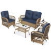 MEETWARM 5 Pieces Outdoor Wicker Patio Conversation Sets With Glider Loveseat, 2 Chairs With 2 Glass-Top Coffee Table Wicker Rocking Glider Set, Wicker Conversation Set With Thickened Cushions - Thumbnail Image 2