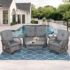 MEETWARM 5 Pieces Outdoor Wicker Patio Conversation Sets With Glider Loveseat, 2 Chairs With 2 Glass-Top Coffee Table Wicker Rocking Glider Set, Wicker Conversation Set With Thickened Cushions - Thumbnail Image 3
