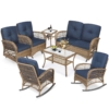 MEETWARM 7 Pieces Outdoor Wicker Patio Conversation Sets With Glider Loveseat, 4 Chairs With 2 Glass-Top Coffee Table Wicker Rocking Glider Set, Wicker Conversation Set With Thickened Cushions, UPC: 717021265591 - Thumbnail Image 2