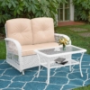 MEETWARM Outdoor Wicker Patio Glider Set, Loveseat For 2 Person Porch Furniture Glider With Glass-Top Coffee Table, Patio Glider Rocking Bench With Thickened Cushions - Thumbnail Image 4