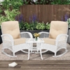 MEETWARM 3 Pieces Outdoor Wicker Rocking Chair Set, Patio Conversation Bistro Set, Rattan Rocker Chairs Set With Glass-Top Coffee Table And Cushions For Porch & Backyard - Thumbnail Image 5