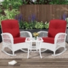 MEETWARM 3 Pieces Outdoor Wicker Rocking Chair Set, Patio Conversation Bistro Set, Rattan Rocker Chairs Set With Glass-Top Coffee Table And Cushions For Porch & Backyard - Thumbnail Image 8