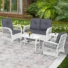 MEETWARM 5 Pieces Outdoor Patio Rattan Furniture Sets, All Weather Patio Wicker Conversation Set - 2 Rocking Swivel Chairs 1 Rattan Loveseat Glider with Cushions, 2 Coffee Table - Thumbnail Image 2