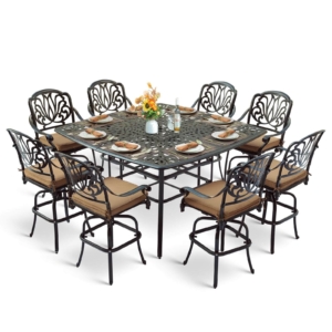 MEETWARM 9-Piece Outdoor Patio Swivel Bar Set, All Weather Cast Aluminum High Top Patio Bar Furniture with 8 Cushioned Swivel Bar Stools, Large 64" Square Patio Bar Height Table, 2.2" Umbrella Hole