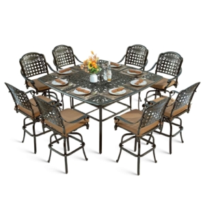 MEETWARM 9-Piece Outdoor Patio Swivel Bar Set, All Weather Cast Aluminum Patio Bar Table and Chairs Set with 8 Cushioned Swivel Bar Stools, Large 64" Square Patio Bar Height Table, 2.2" Umbrella Hole