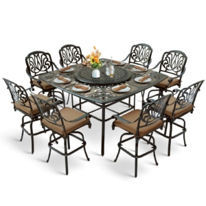 MEETWARM 10-Piece Outdoor Bar Set, All Weather Cast Aluminum Patio Bar Furniture with 8 Cushioned Swivel Bar Stools, Large 64" Square Patio Bar Height Table with Detachable Lazy Susan, Umbrella Hole