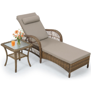 MEETWARM Outdoor Wicker Lounge Chair Set, 6-Position Adjustable Patio Chaise Lounge w/Side Table, All Weather Lay Flat Pool Sunbathing Recliner, Armrest & Head Pillow, Fade-Resistant