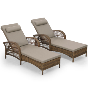 MEETWARM 2-Piece Outdoor Wicker Lounge Chairs with Cushion, Rattan Patio Chaise Loungers with 6-Level Backrest, All Weather Lay Flat Pool Sunbathing Recliner Chair, Armrest and Head Pillow