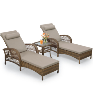 MEETWARM 3-Piece Outdoor Wicker Lounge Chair Set, Patio Chaise Loungers Set of 2 w/Side Table, 6-Position Adjustable Poolside Sunbathing Recliner, Armrest and Head Pillow, Fade-Resistant
