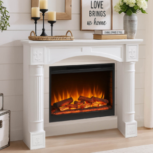 HOMEDIARY 43.3" Fireplace Mantel, Freestanding Fireplace Surround with Leg for Electric Fireplaces, MDF Mantel Surround with Shelf for Living Room with Decorative Pattern, Anti-Tipping & Waterproof