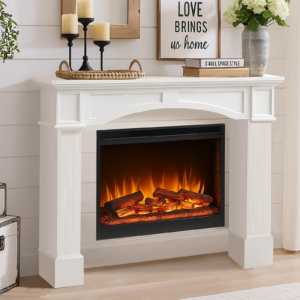 HOMEDIARY 43.3" Fireplace Mantel, Freestanding Fireplace Surround with Leg for Electric Fireplaces, MDF Mantel Surround with Shelf for Living Room with Decorative Pattern, Anti-Tipping & Waterproof