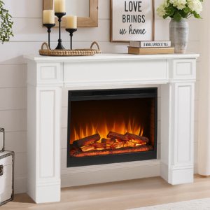HOMEDIARY 43.3" Fireplace Mantel, Freestanding Fireplace Surround with Leg for Electric Fireplaces, MDF Mantel Surround with Shelf for Living Room with Decorative Pattern, Anti-Tipping & Waterproof