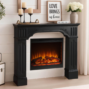 HOMEDIARY 43.3" Fireplace Mantel, Freestanding Fireplace Surround with Leg for Electric Fireplaces, MDF Mantel Surround with Shelf for Living Room with Decorative Pattern, Anti-Tipping & Waterproof