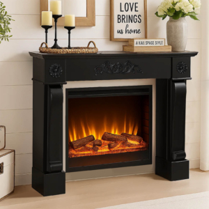 HOMEDIARY 44.5" Fireplace Mantel, Freestanding Fireplace Surround with Leg for Electric Fireplaces, MDF Mantel Surround with Shelf for Living Room with Decorative Pattern, Anti-Tipping & Waterproof