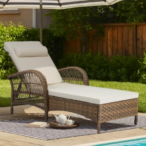 MEETWARM Outdoor Wicker Chaise Lounge Chair with Cushion, 77" Long All Weather PE Rattan Patio Lounge Chair, 6-Positions Adjustable Pool Reclining Sunbathing Chair, Armrest & Head Pillows