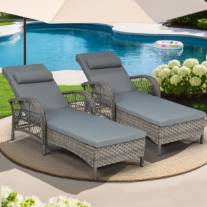 MEETWARM Outdoor Wicker Chaise Lounge Chair Set of 2, 77" Long All Weather PE Rattan Patio Lounge Chair, 6 Position Adjustable Pool Reclining Sunbathing Chair for Outside, Armrest & Head Pillow