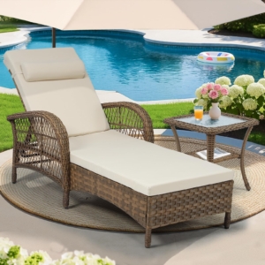 MEETWARM Outdoor Wicker Chaise Lounge Chair with Side Table, All Weather PE Rattan Patio Lounge Chair with Cushion, 6-Positions Adjustable Pool Reclining Sunbathing Chair, Armrest & Head Pillow