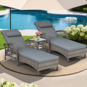 MEETWARM 3 Piece Outdoor Wicker Chaise Lounge Chair Set - Patio Lounge Chairs Set of 2 with Side Table, 6 Position Adjustable Pool Reclining Sunbathing Chair with Cushion, Armrest & Headrest