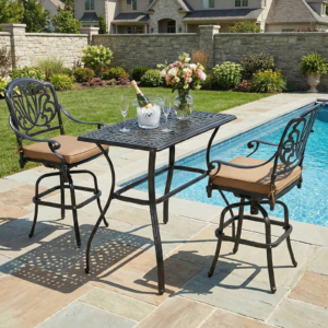 MEETWARM 3-Piece Patio Swivel Bar Set, All-Weather Cast Aluminum Outdoor Bar Height Bistro Set with 2 Cushioned Bar Stools with Footrest and 42" Rectangle High Top Bar Table for Deck, Poolside, Garden
