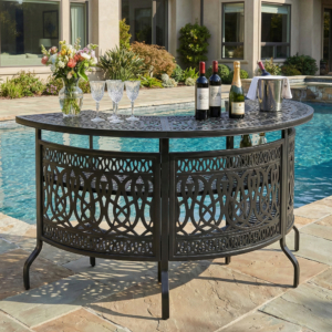 MEETWARM Large 3-Tier Half Moon Outdoor Bar Table, All-Weather Cast Aluminum 75" Patio Party Bar Table with Storage Shelves, 220 LBS Heavy Duty Patio Counter Table High Top Dining Table Home Bar Unit