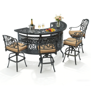 MEETWARM 5-Piece Outdoor Bar Set with 75" Half Moon 3-Tier Storage Cast Aluminum Patio Bar Height Table & 4 Cushioned Swivel Bar Stools, All-Weather Large Patio Party Bar Set for Garden,Yard and Deck
