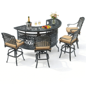 MEETWARM 5-Piece Outdoor Bar Set with 75" Half Moon 3-Tier Storage Cast Aluminum Patio Bar Height Table & 4 Cushioned Swivel Bar Stools, All-Weather Large Patio Party Bar Set for Garden,Yard and Deck