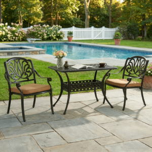 MEETWARM 3 Piece Patio Bistro Set Cast Alumiunm Patio Furniture Set, All Weather Bistro Table and Chairs Set of 2, Outdoor Bistro Table Set for Balcony Poolside Deck Garden & Indoor Use, Dark Bronze