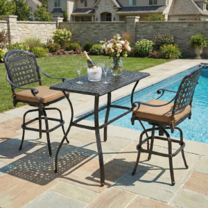 MEETWARM 3-Piece Patio Swivel Bar Set, All-Weather Cast Aluminum Outdoor Bar Height Bistro Set with 2 Cushioned Bar Stools with Footrest and 42" Rectangle High Top Bar Table for Deck, Poolside, Garden