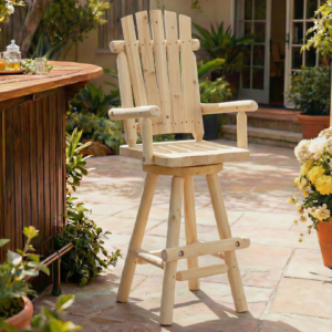HOMEDIARY Outdoor Solid Wood Swivel Bar Stool, Oversized Rustic Patio Log Bar Height Chair with High Back and Footrest, 29.9" Adirondack Bar Chair for Deck Pub Garden, 500 LBS Capacity