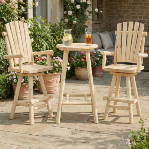 HOMEDIARY 3 Piece Outdoor Bar Set, Solid Wood Patio High Top Table and 2 Swivel Bar Height Adirondack Chairs with High Back & Footrest, Tall Patio Bistro Furniture for Deck Pub Garden