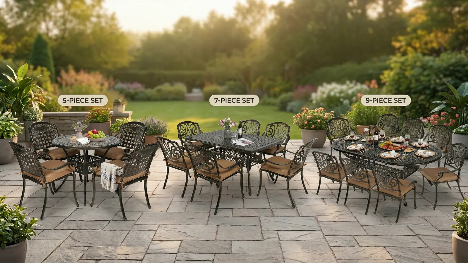 5 piece vs 7 piece dining set, 9 piece outdoor patio set, which patio set size to buy, patio furniture size guide, outdoor dining layout, measure patio space, Meetwarm dining set, real user reviews