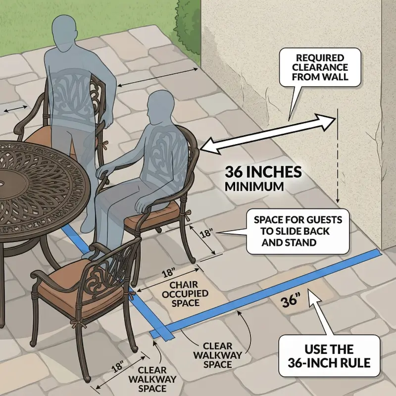 illustration showing the 36-inch clearance rule for patio dining chairs