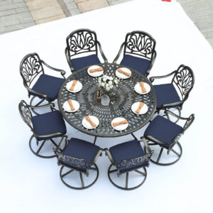 Outdoor 9-Piece Patio Dining Set, All-Weather Cast Aluminum Patio Conversation Set- 8 Cushioned Swivel Rocker, 61" Round Patio Dining Table w/Detachable Lazy Susan/Umbrella Hole, Navy Blue, ASIN#B0H26KBRDX
