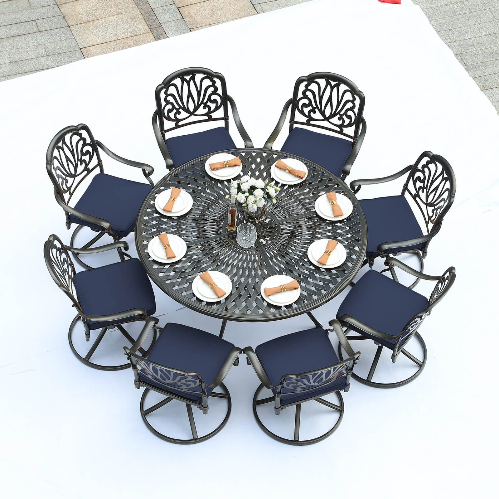 Outdoor 9-Piece Patio Dining Set, All-Weather Cast Aluminum Patio Conversation Set- 8 Cushioned Swivel Rocker, 61" Round Patio Dining Table w/Detachable Lazy Susan/Umbrella Hole, Navy Blue, ASIN#B0H26KBRDX - Image 1