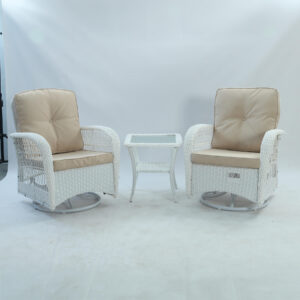MEETWARM 3 Pieces Outdoor Wicker Swivel Rocker Patio Set, Rocking Chairs Rattan Patio Furniture Sets with Thickened Cushion and Glass-Top Coffee Table, Conversation Bistro Set, White/Beige, ASIN#B0F9F1TN2T