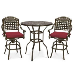 MEETWARM 3-Piece Patio Swivel Bar Set, All-Weather Cast Aluminum Outdoor High Bar Stool Bistro Set For Backyard Garden With 2 Cushions Bar Chairs With Footrest And 38.5" Bar Table, 2" Umbrella Hole