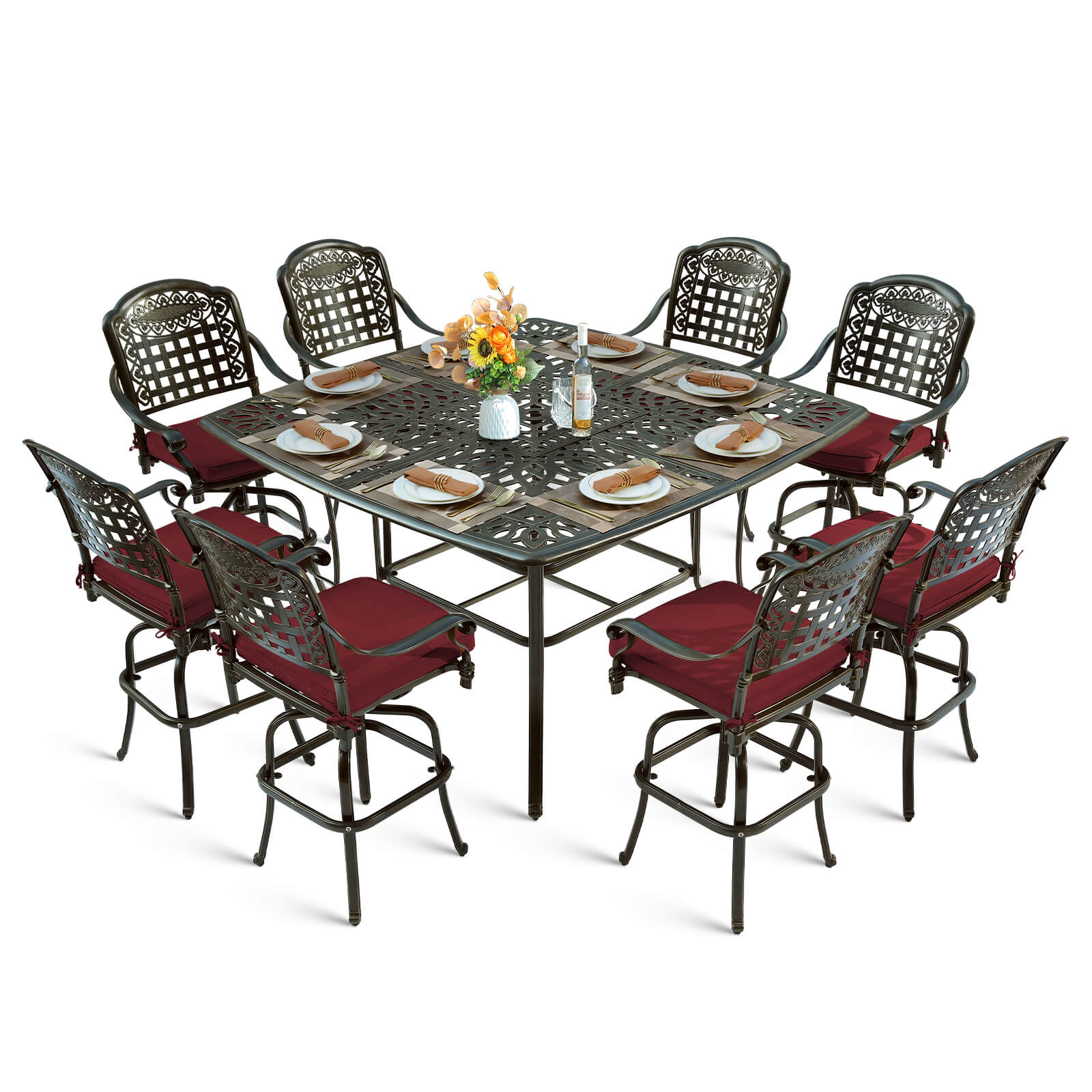 MEETWARM 9-Piece Outdoor Patio Swivel Bar Set, All Weather Cast Aluminum Patio Bar Table and Chairs Set with 8 Cushioned Swivel Bar Stools, Large 64" Square Patio Bar Height Table, 2.2" Umbrella Hole - Image 2