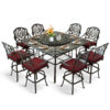 MEETWARM 10-Piece Outdoor Bar Set, All Weather Cast Aluminum Patio Bar Furniture with 8 Cushioned Swivel Bar Stools, Large 64" Square Patio Bar Height Table with Detachable Lazy Susan, Umbrella Hole - Thumbnail Image 1