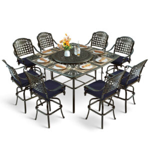MEETWARM 10-Piece Outdoor Bar Set, All Weather Cast Aluminum High Patio Dining Set with 8 Cushioned Swivel Bar Stools, Large 64" Square Patio Bar Height Table with Detachable Lazy Susan, Umbrella Hole
